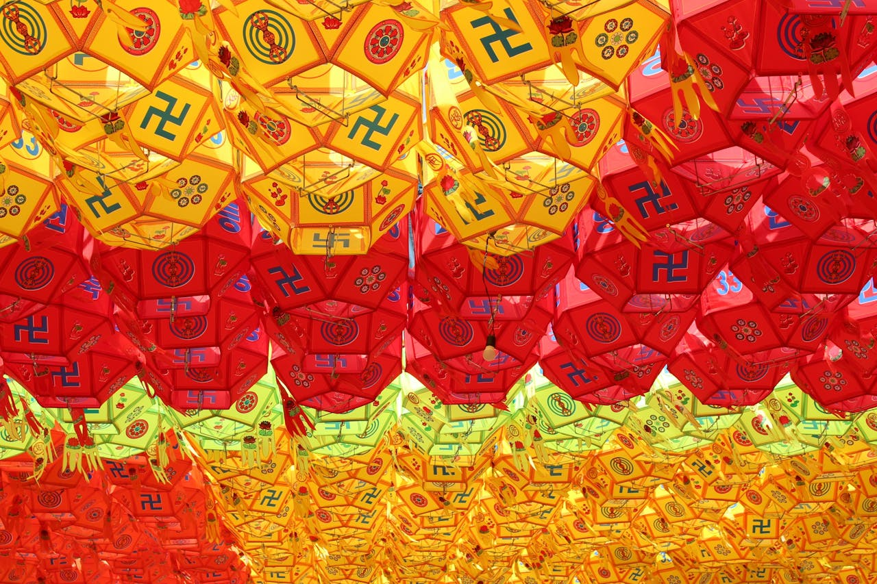 Vibrant Asian lanterns illuminate Samgwangsa Temple, Busan, celebrating Korean Buddhism.
